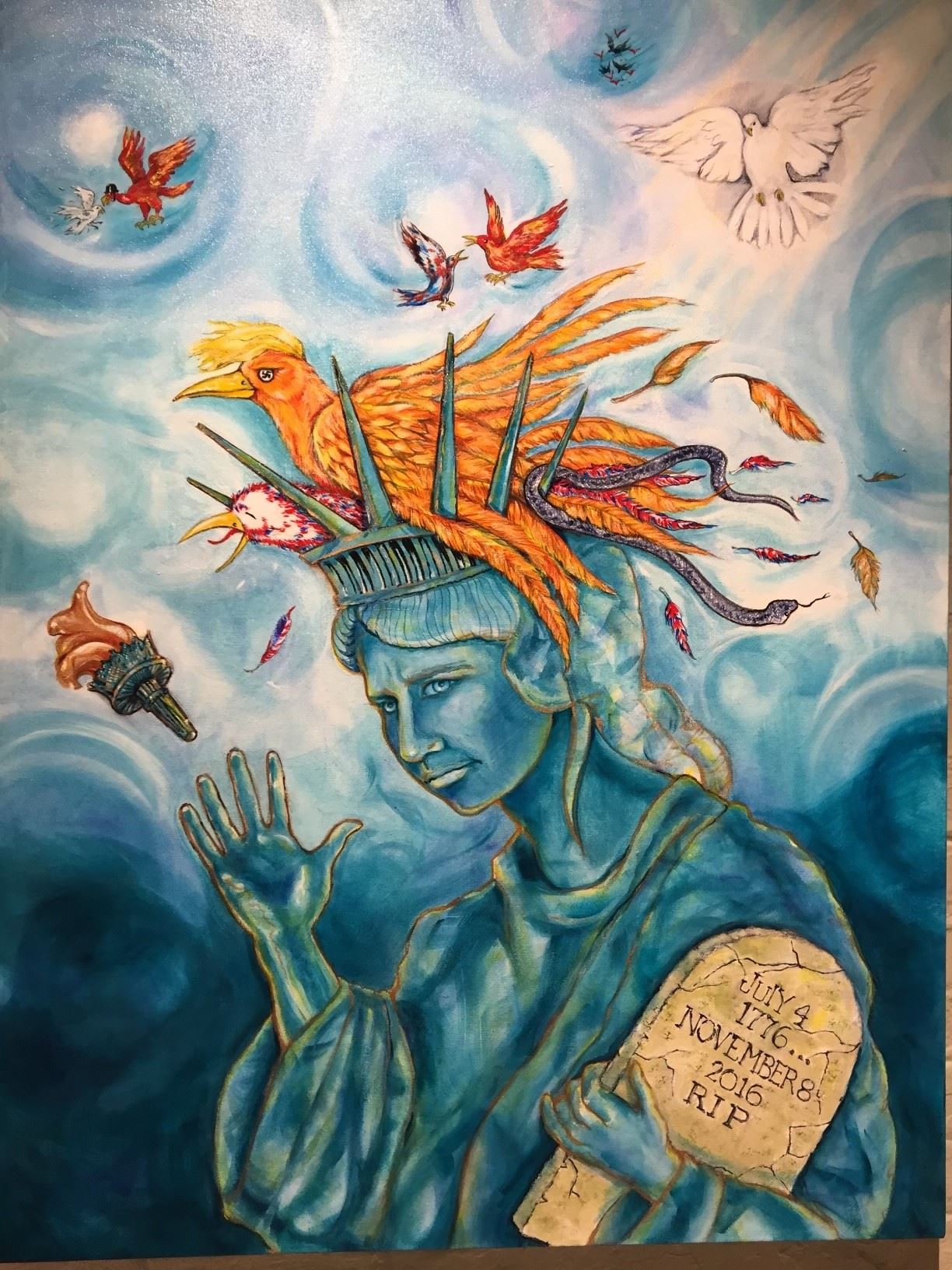 Painting of Statue of Liberty with Birds