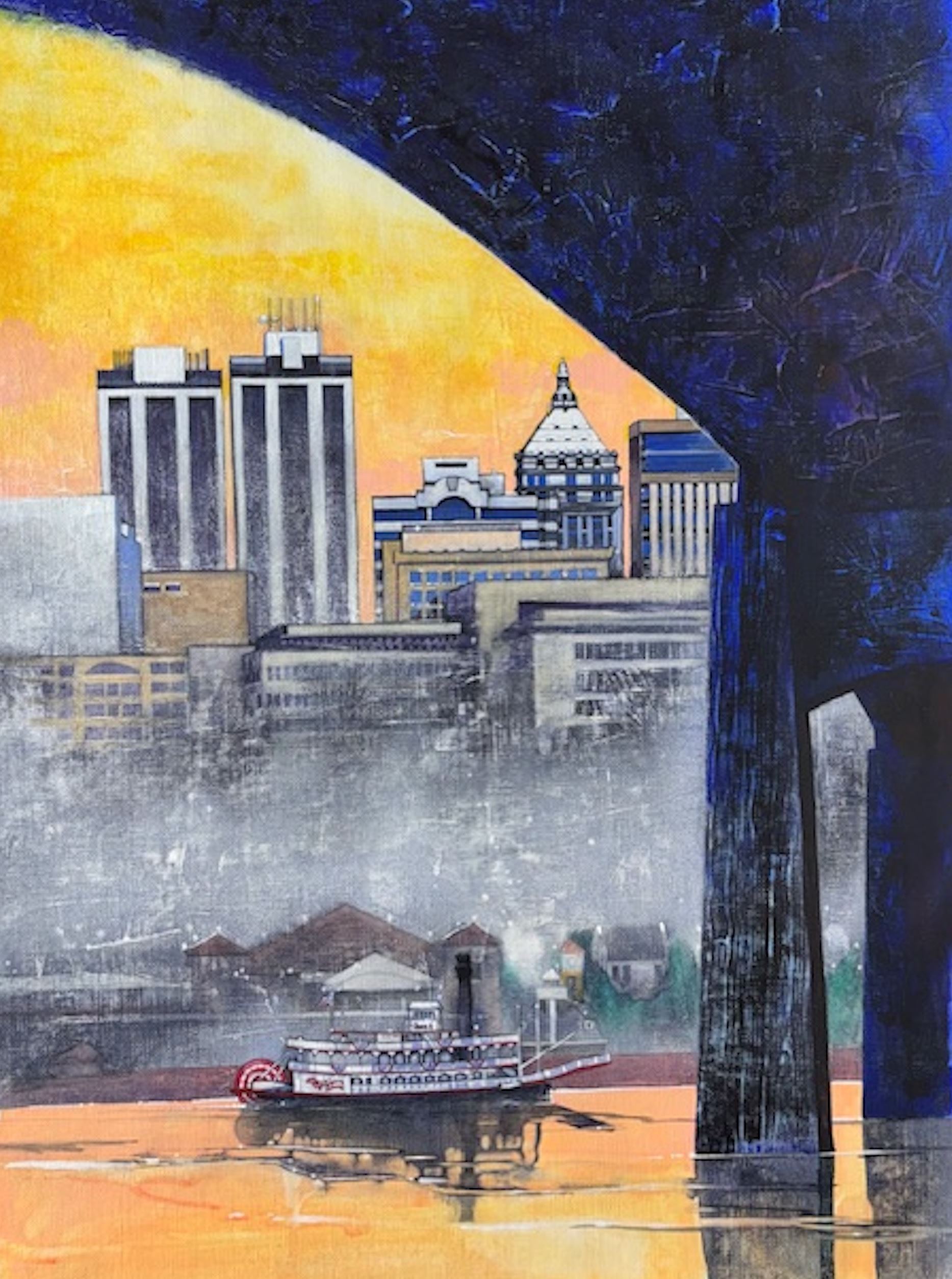 Watercolor of the Spirit of Peoria paddling down the Illinois River, 