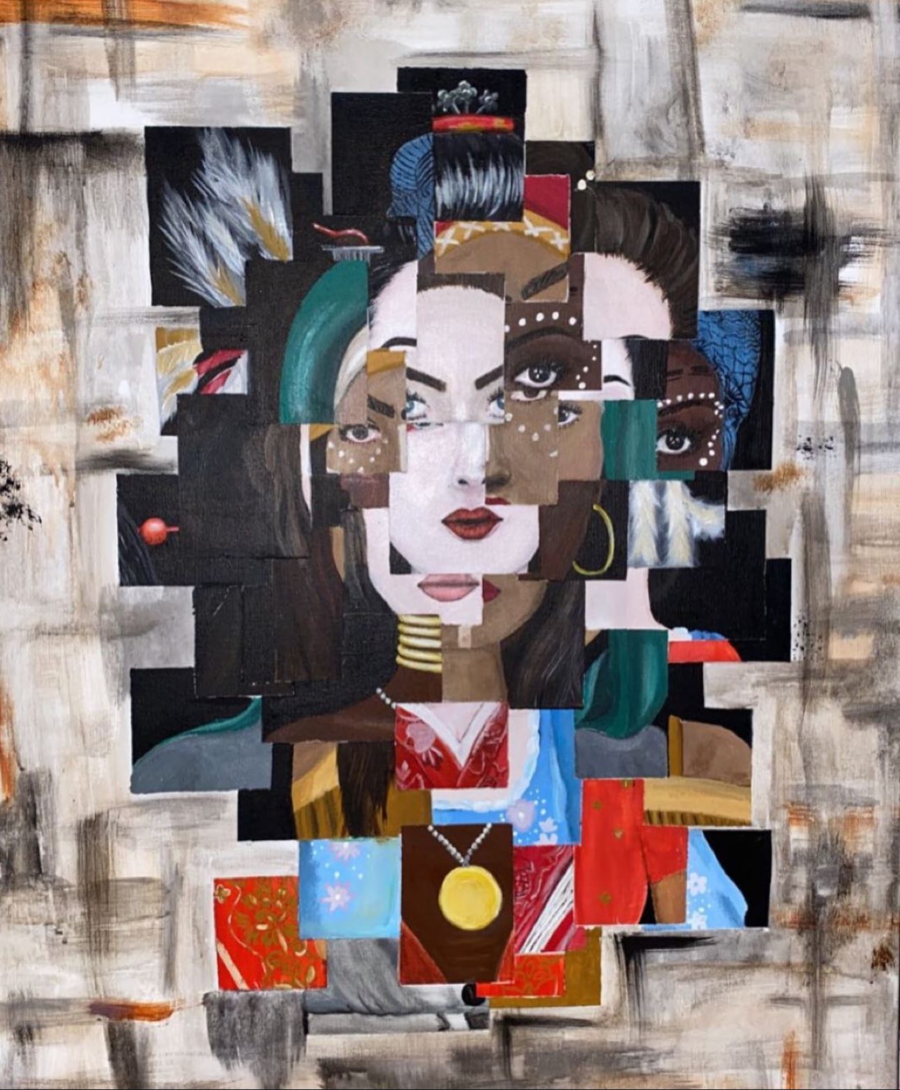 An acrylic, kaleidoscopic painting of a woman from different cultures.
