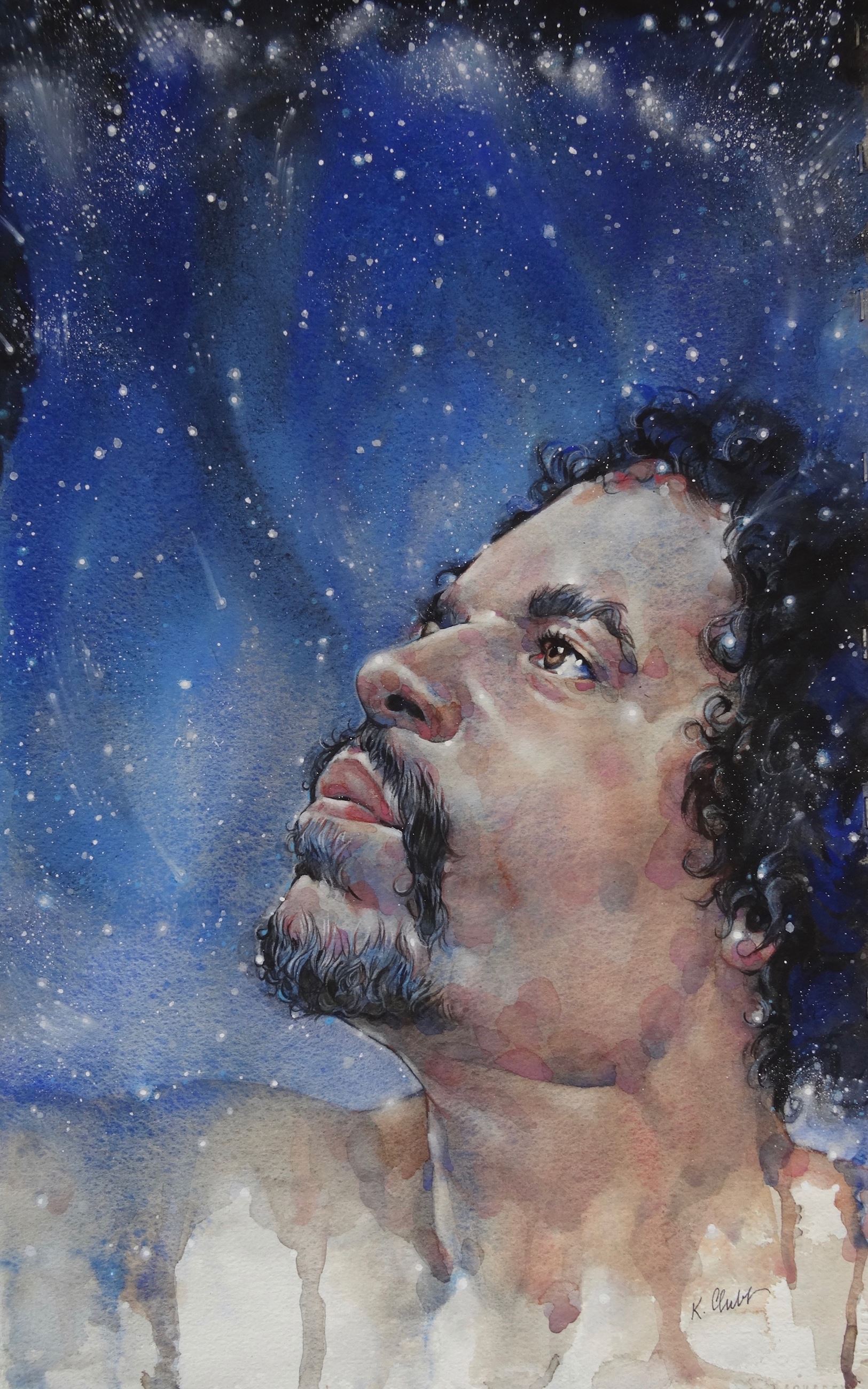 Watercolor painting featuring a man looking up into a dark, star-filled sky.
