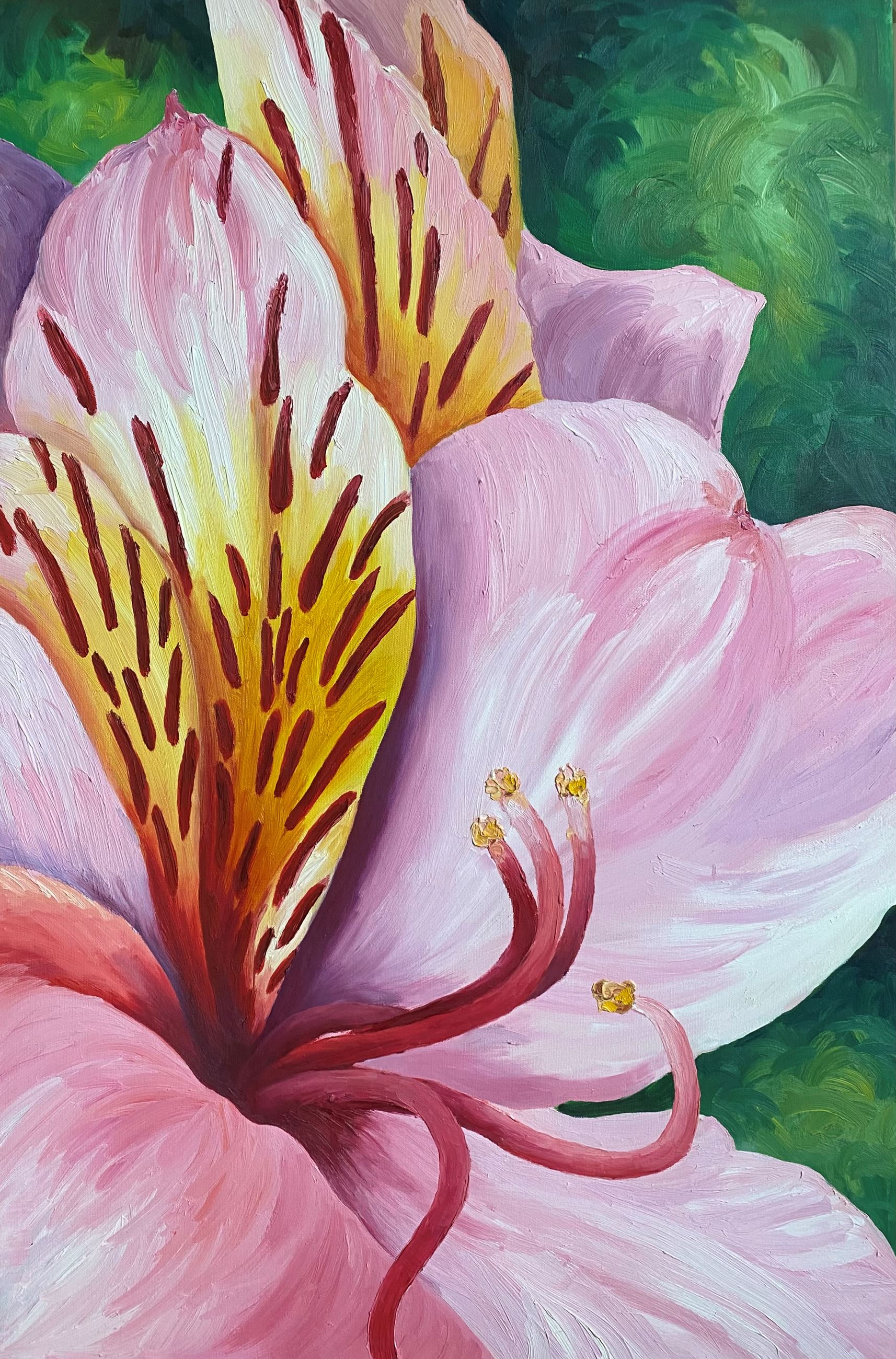 Oil painting depicting a close-up view of a pink flower.