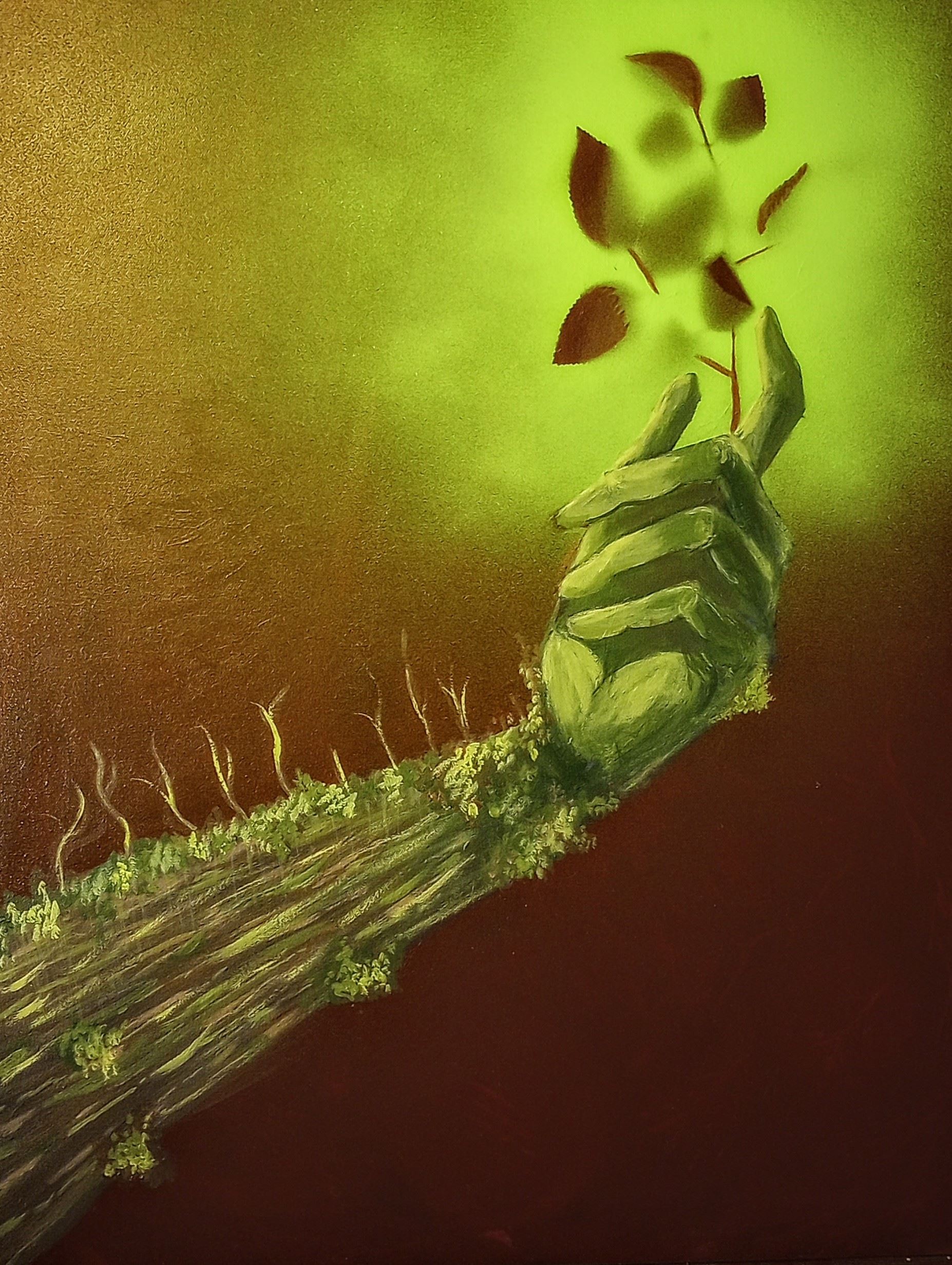 Acrylic and spray painted artwork depicting a tree limb transforming into a hand.