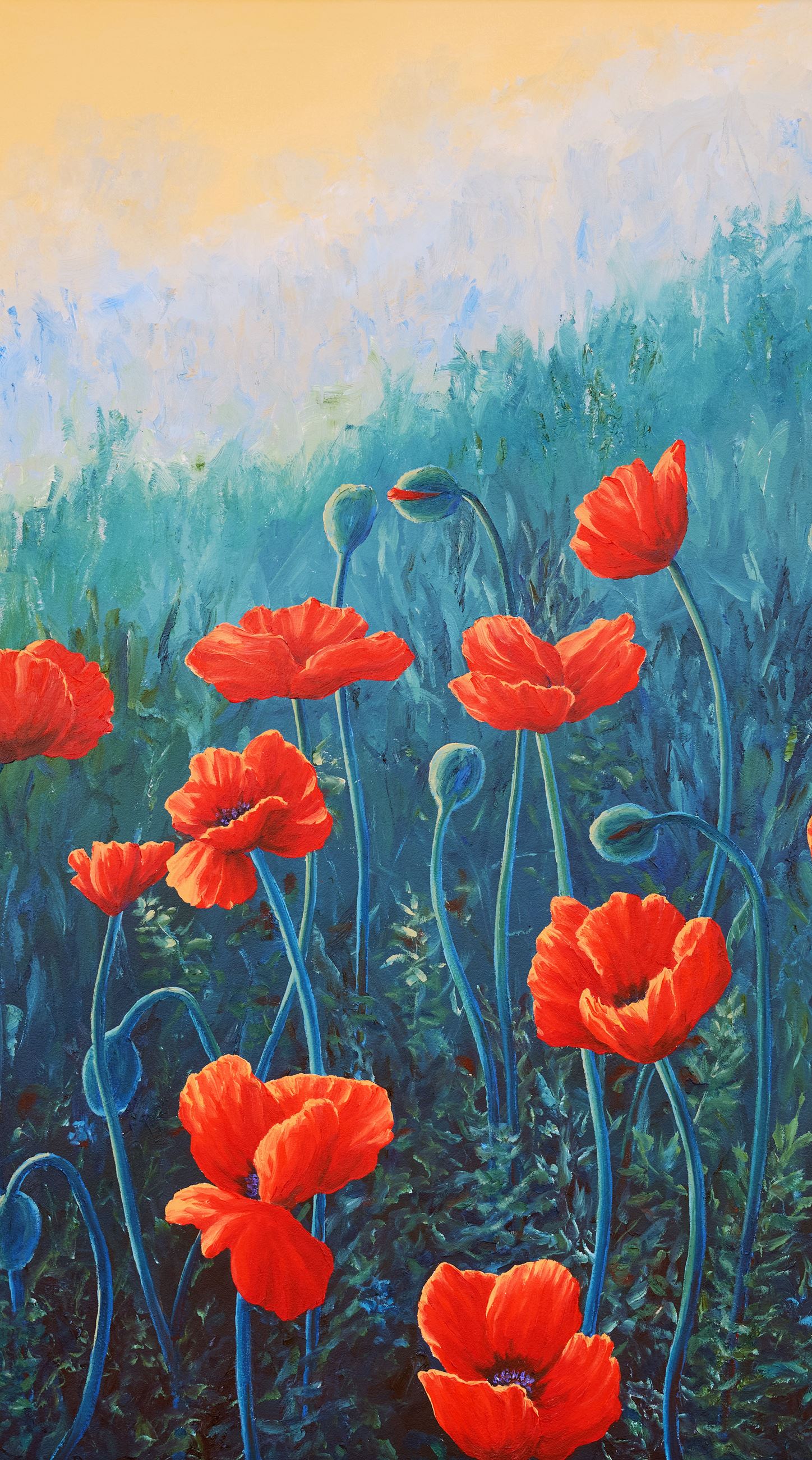 Oil painting of a poppies in bloom, growing on a hillside.
