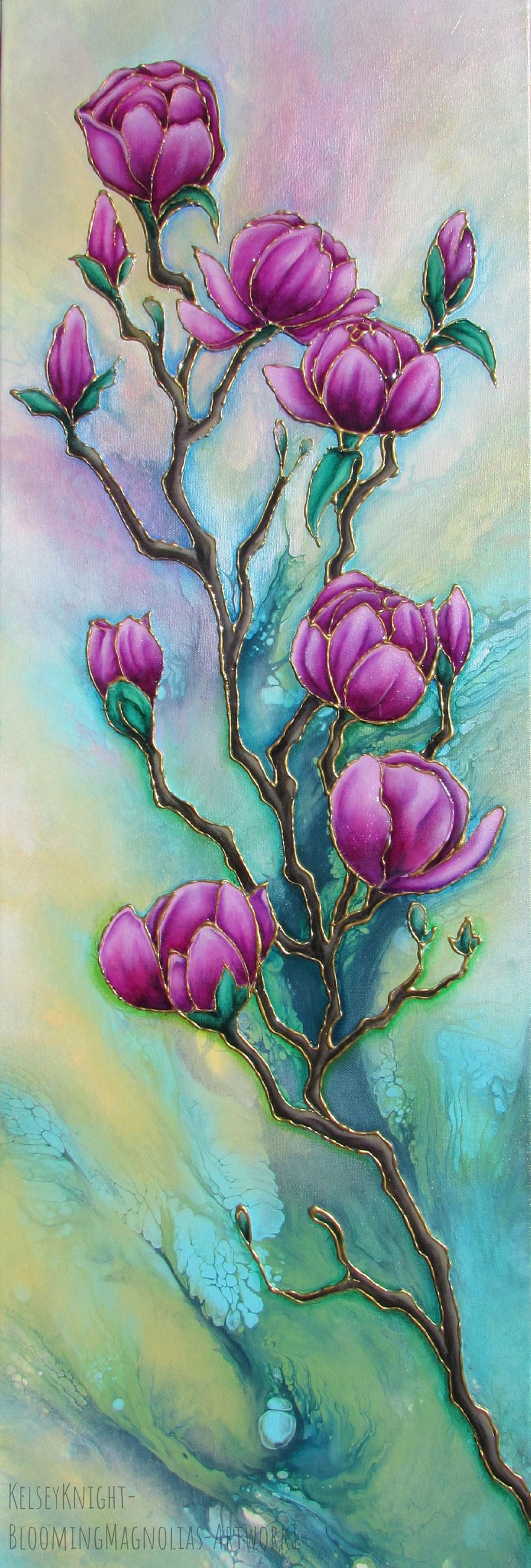 Acrylic painting of blooming magnolias reaching towards the sky.