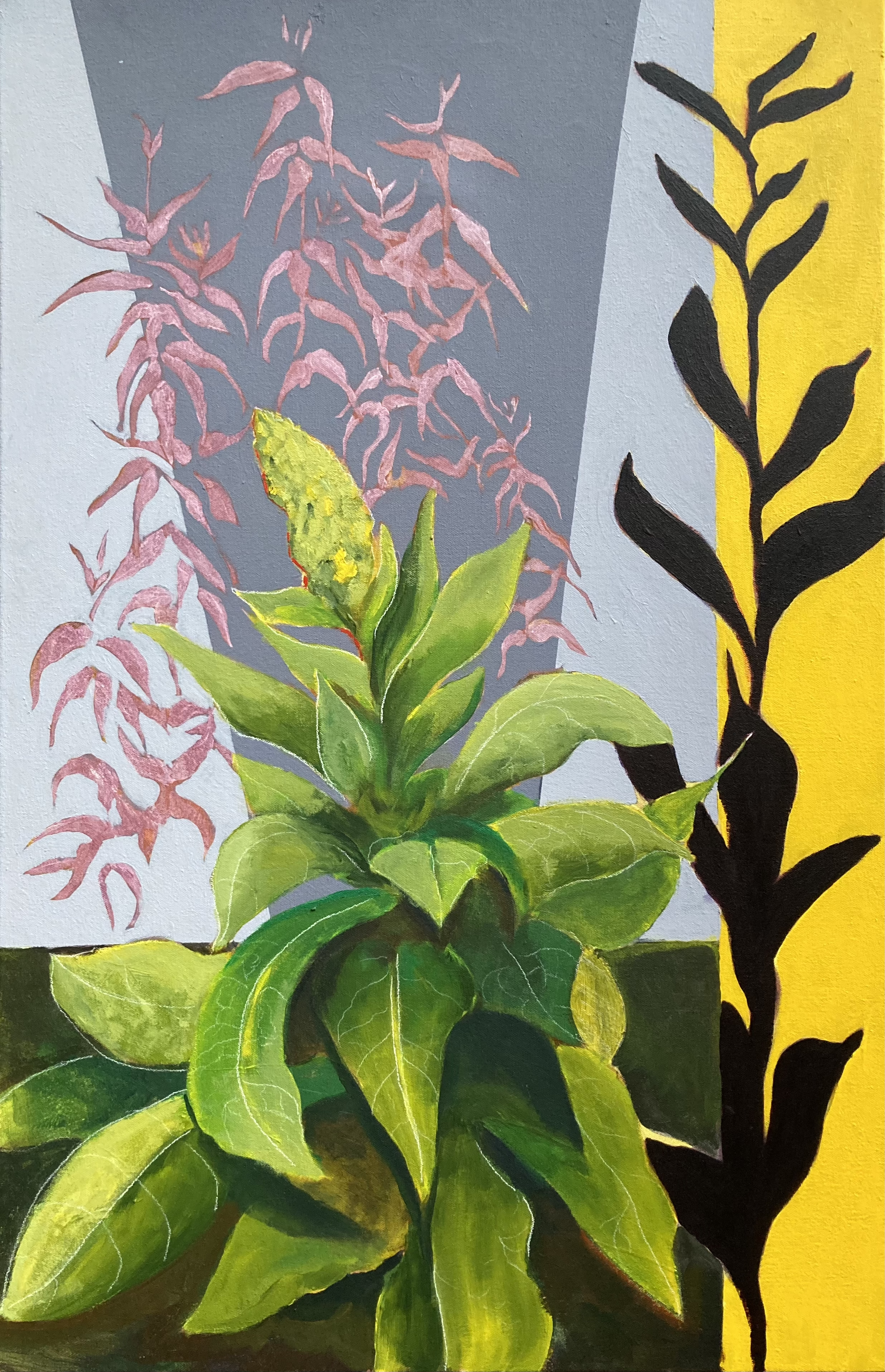 Acrylic painting of a variety of native prairie plants growing alongside each other.