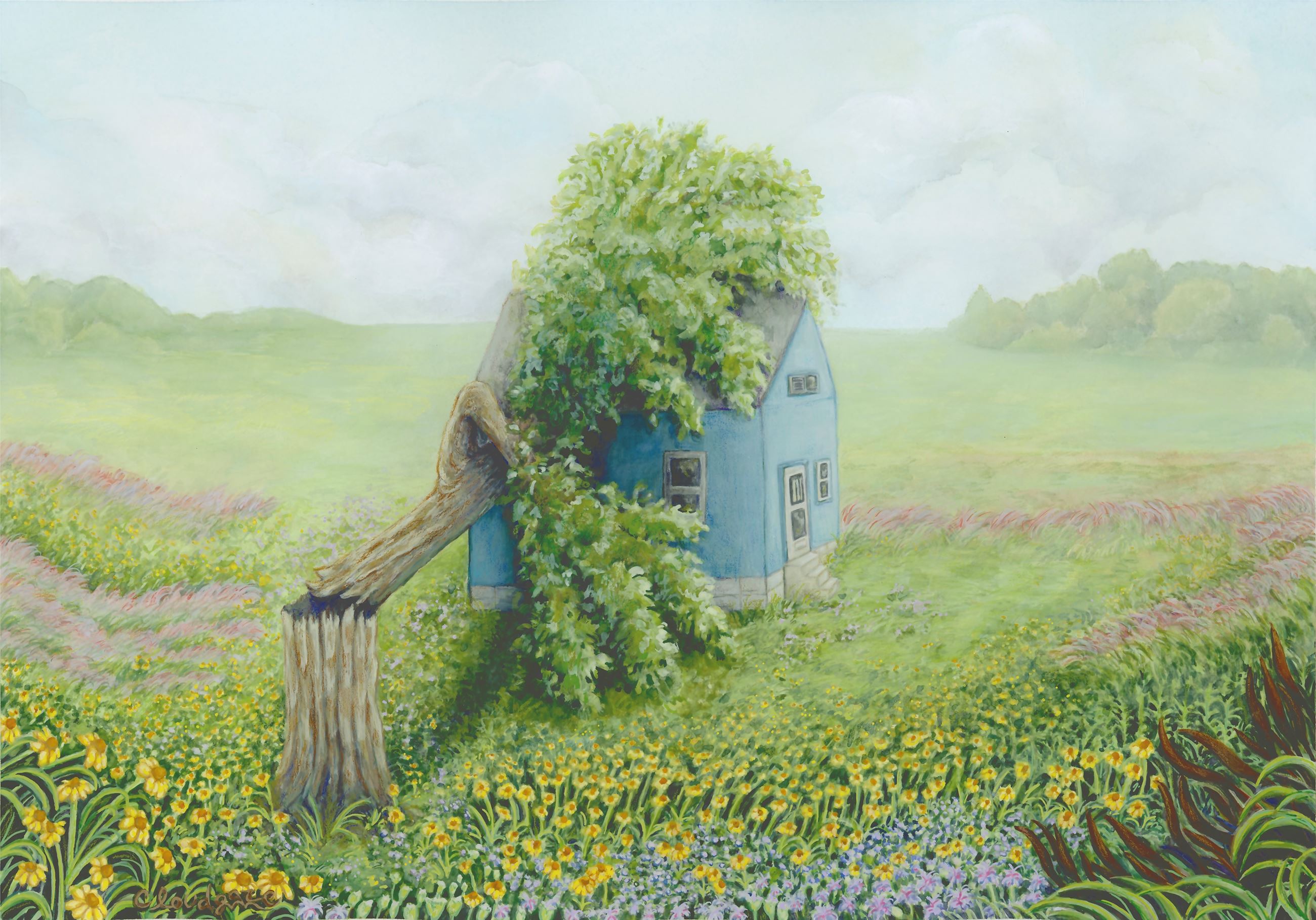 Watercolor/poster paint painting of a tree that has fallen on a small house in field of flowers..