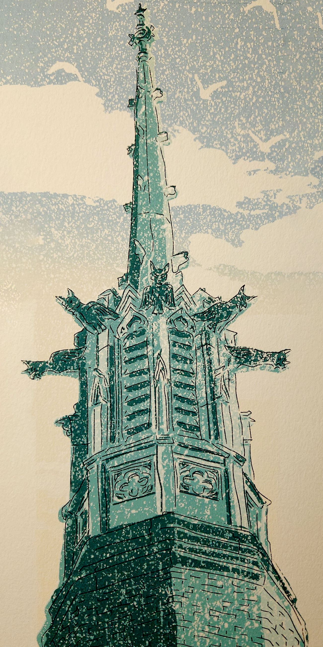 A six-layer screenprint depicting a cathedral spire. 