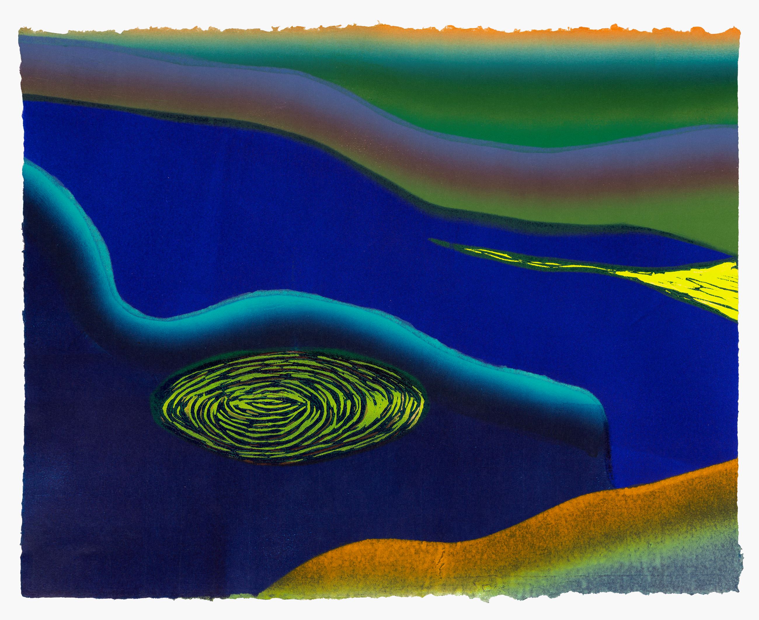 Woodcut print of an abstract design with curved lines and swirls.