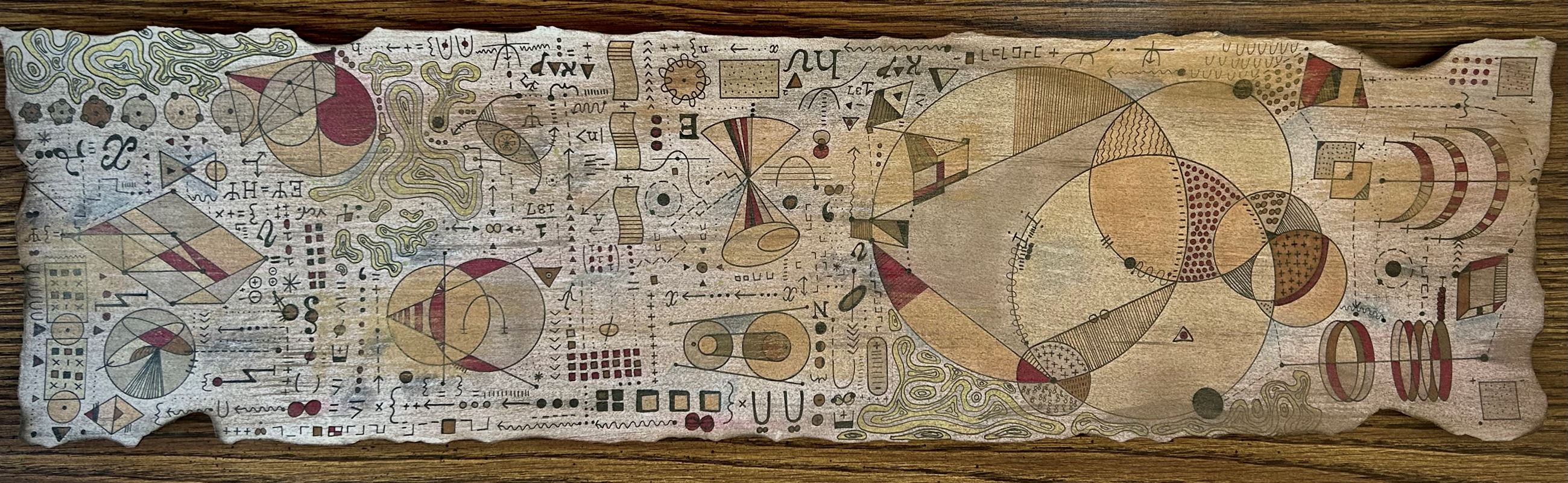 Mixed media artwork featuring abstract shapes and designs.