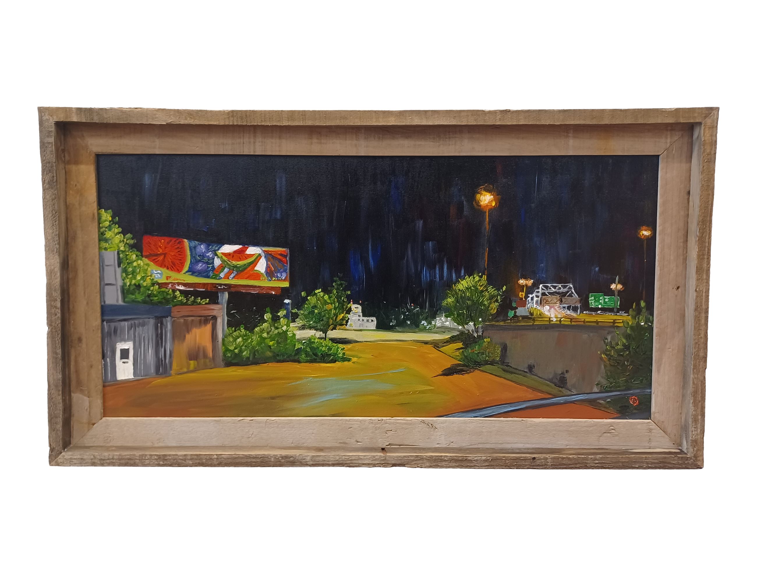 Oil painting of an artpice on a commercial billboard on a riverfront view featuring a bridge.