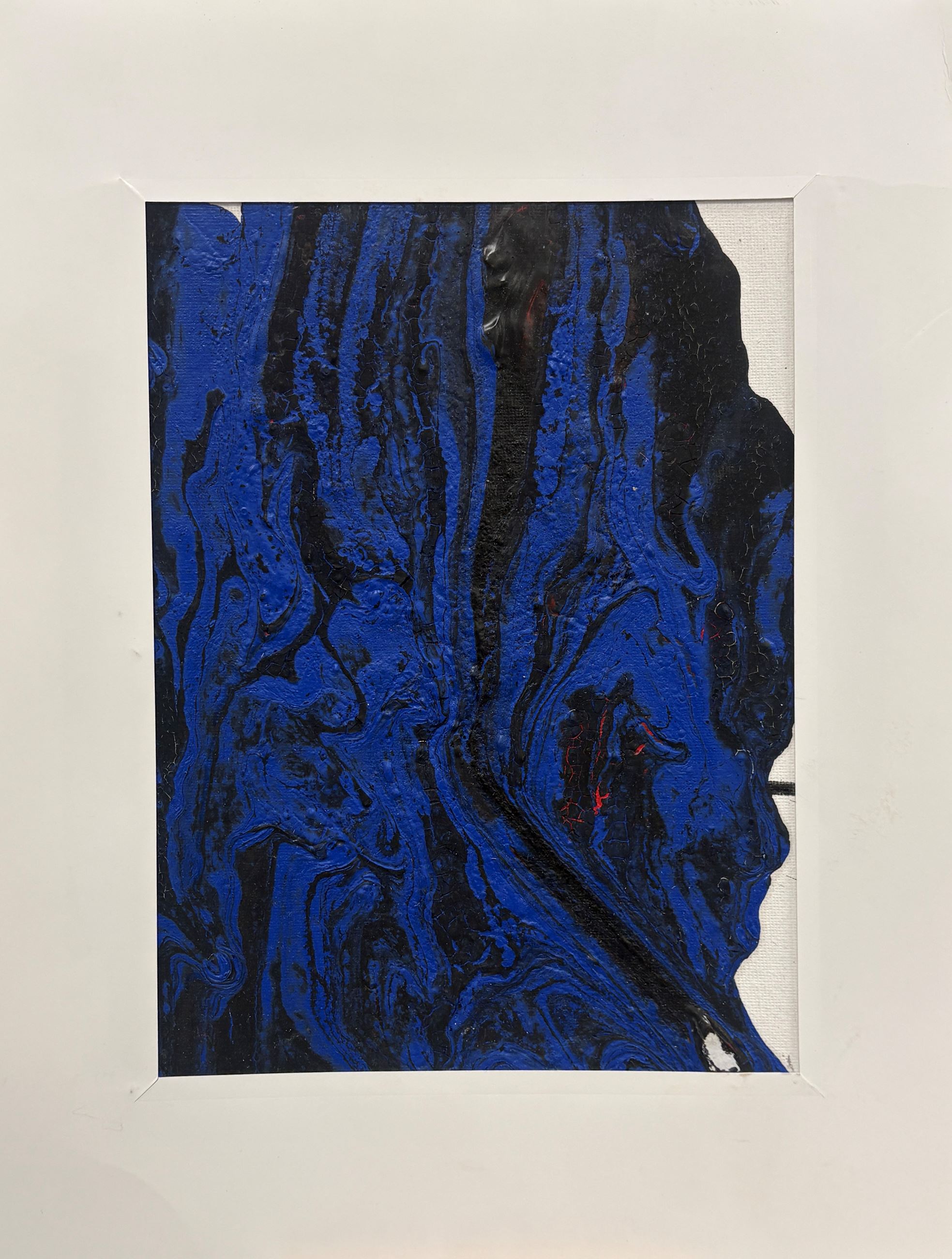 Acrylic painting of a dark colors in swirls and curved lines, evoking night.