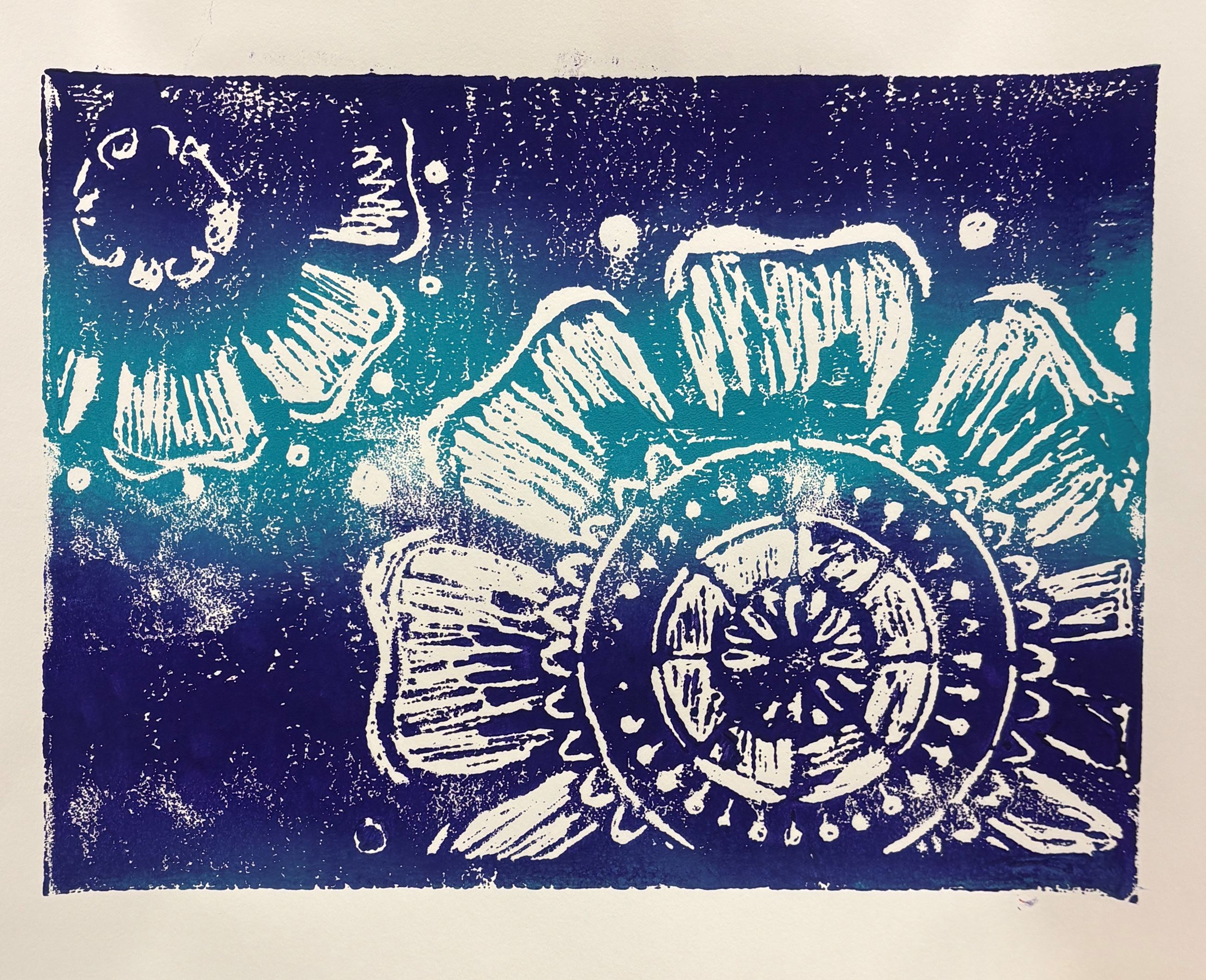 Relief print of a design featuring imagery of flowers and water.
