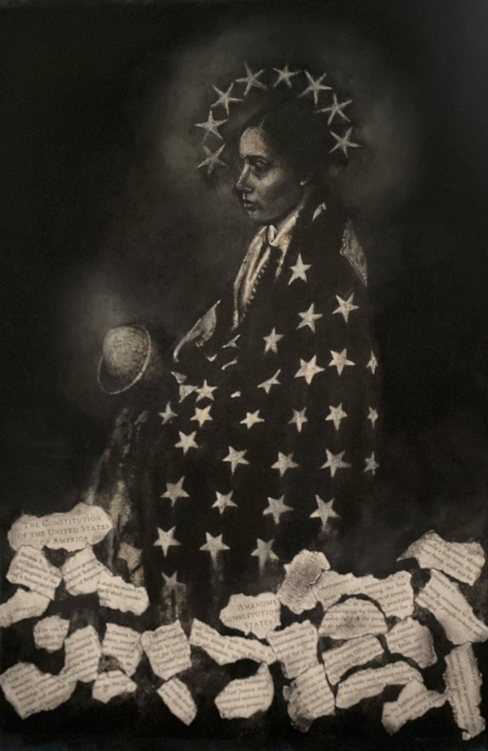 Image of a woman draped in an American flag.