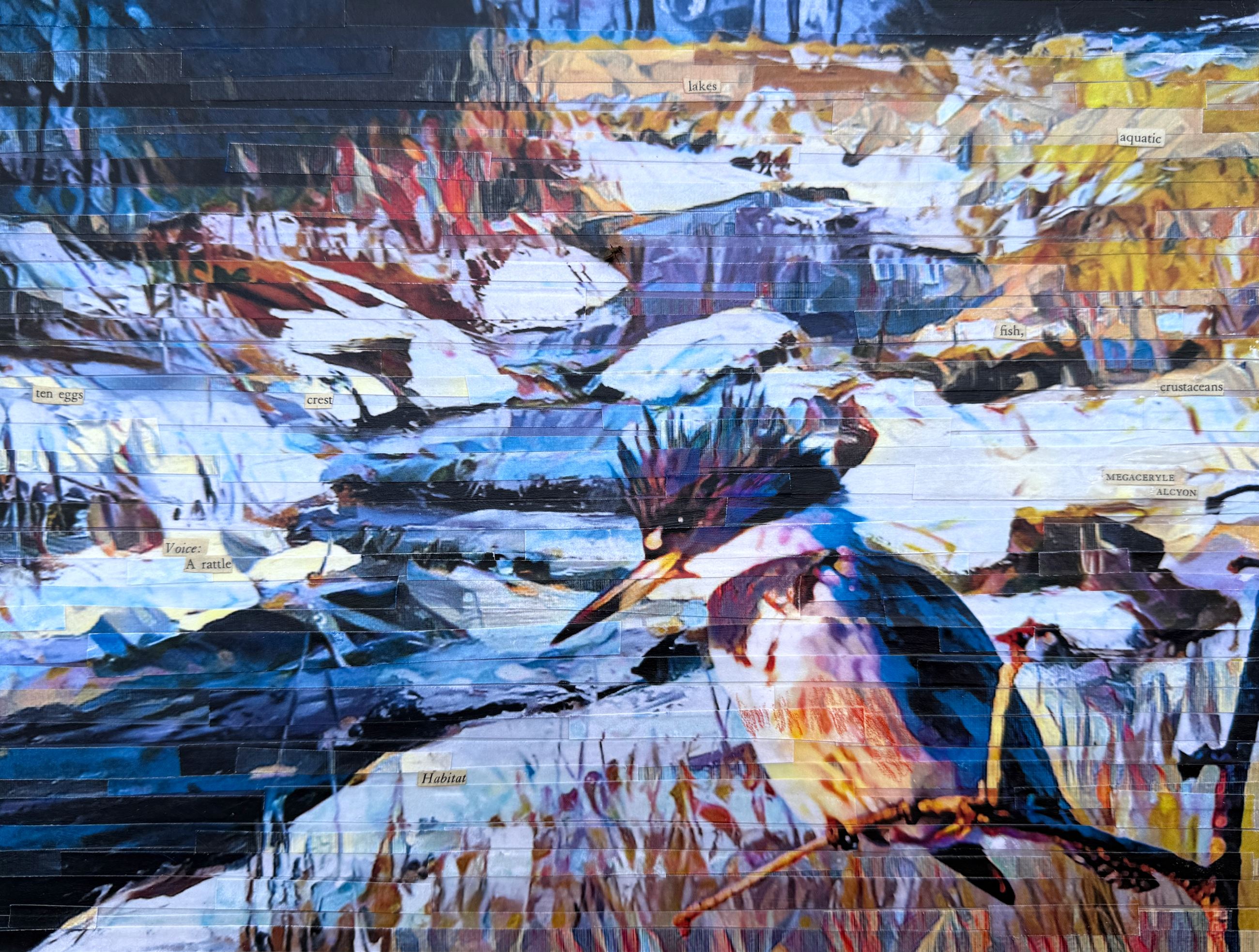 Mixed media piece featuring a kingfisher photo and painting.