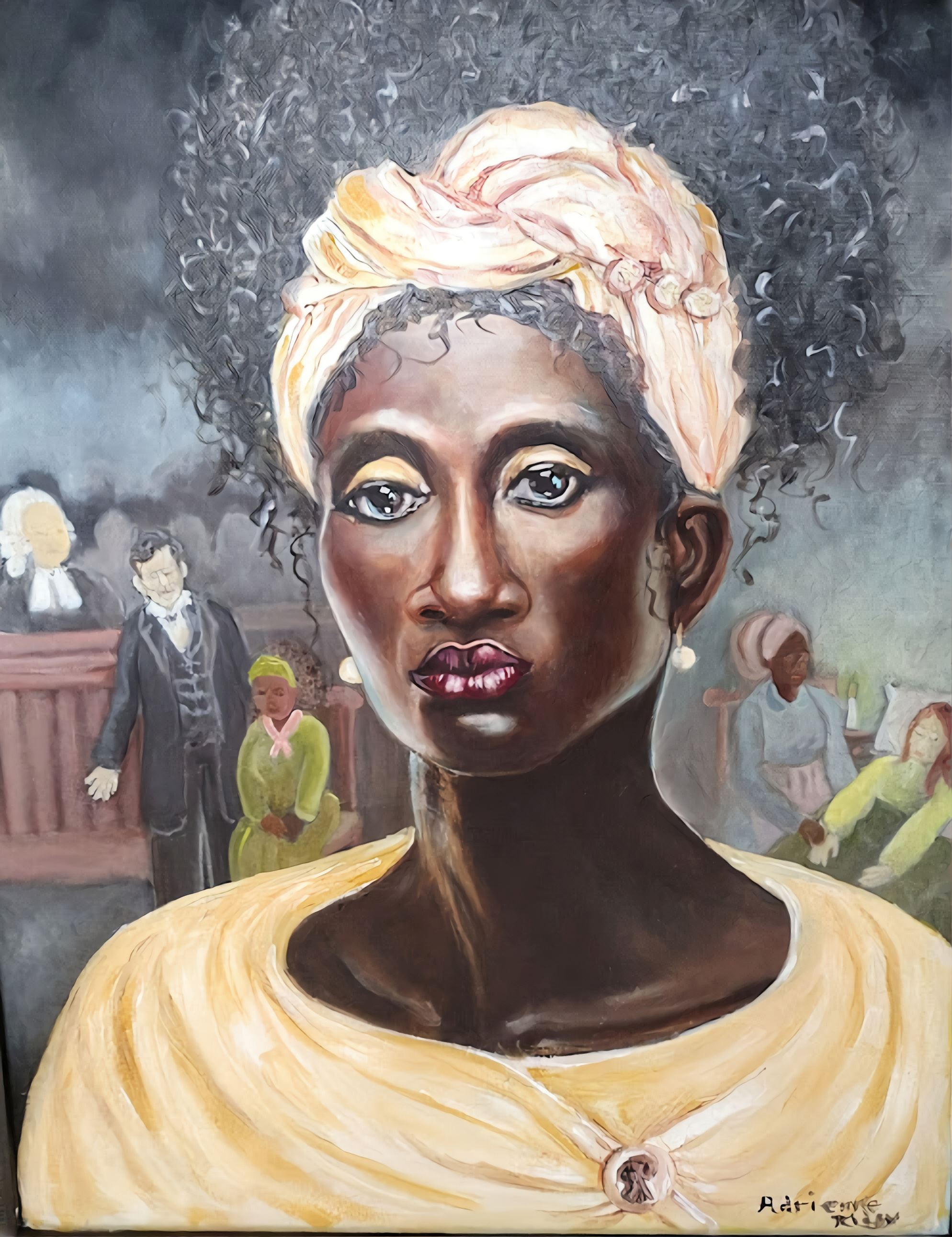 Oil painting of a woman with scenes from her life in the background.