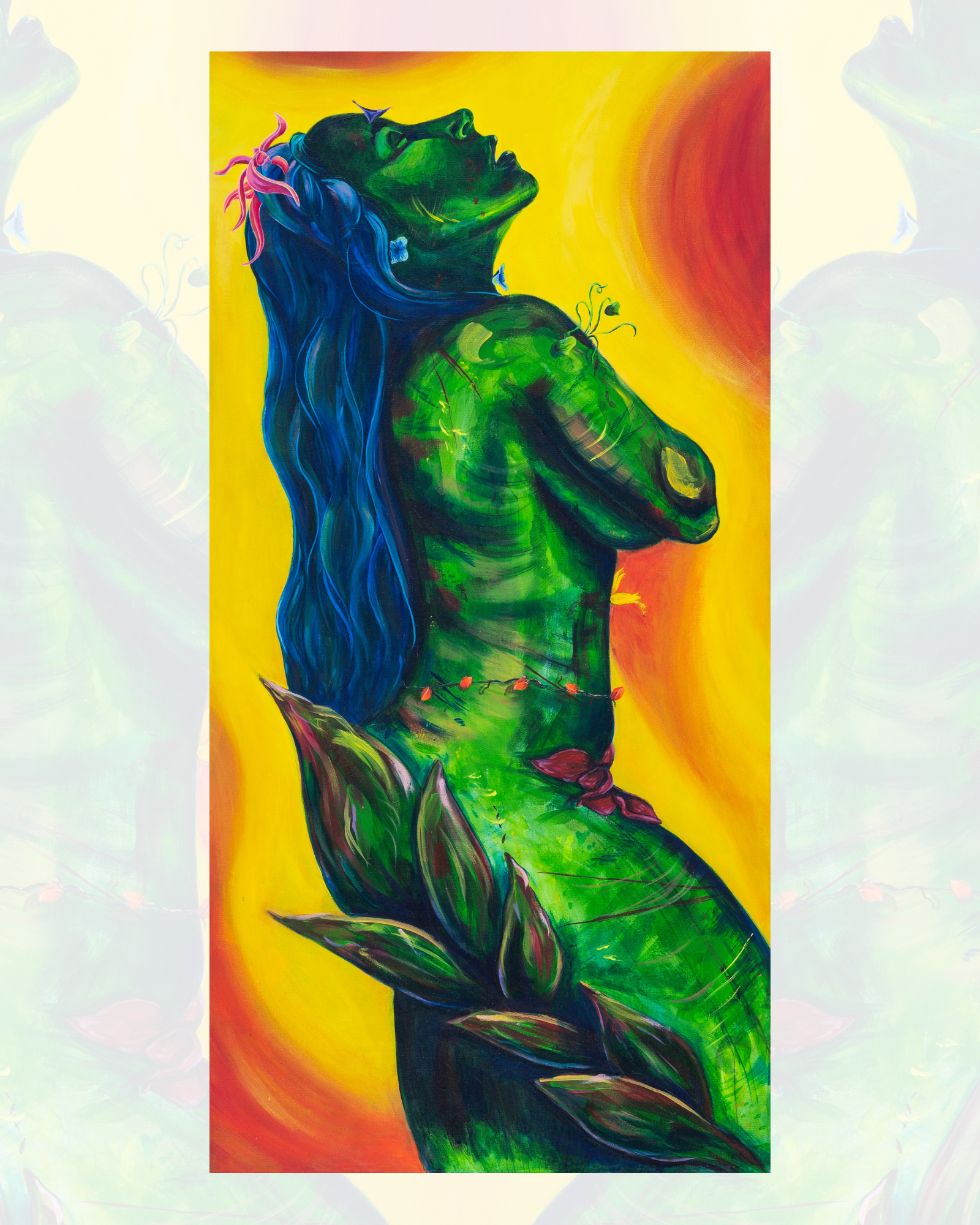 Acrylic painting of a woman bound with nature looking up.