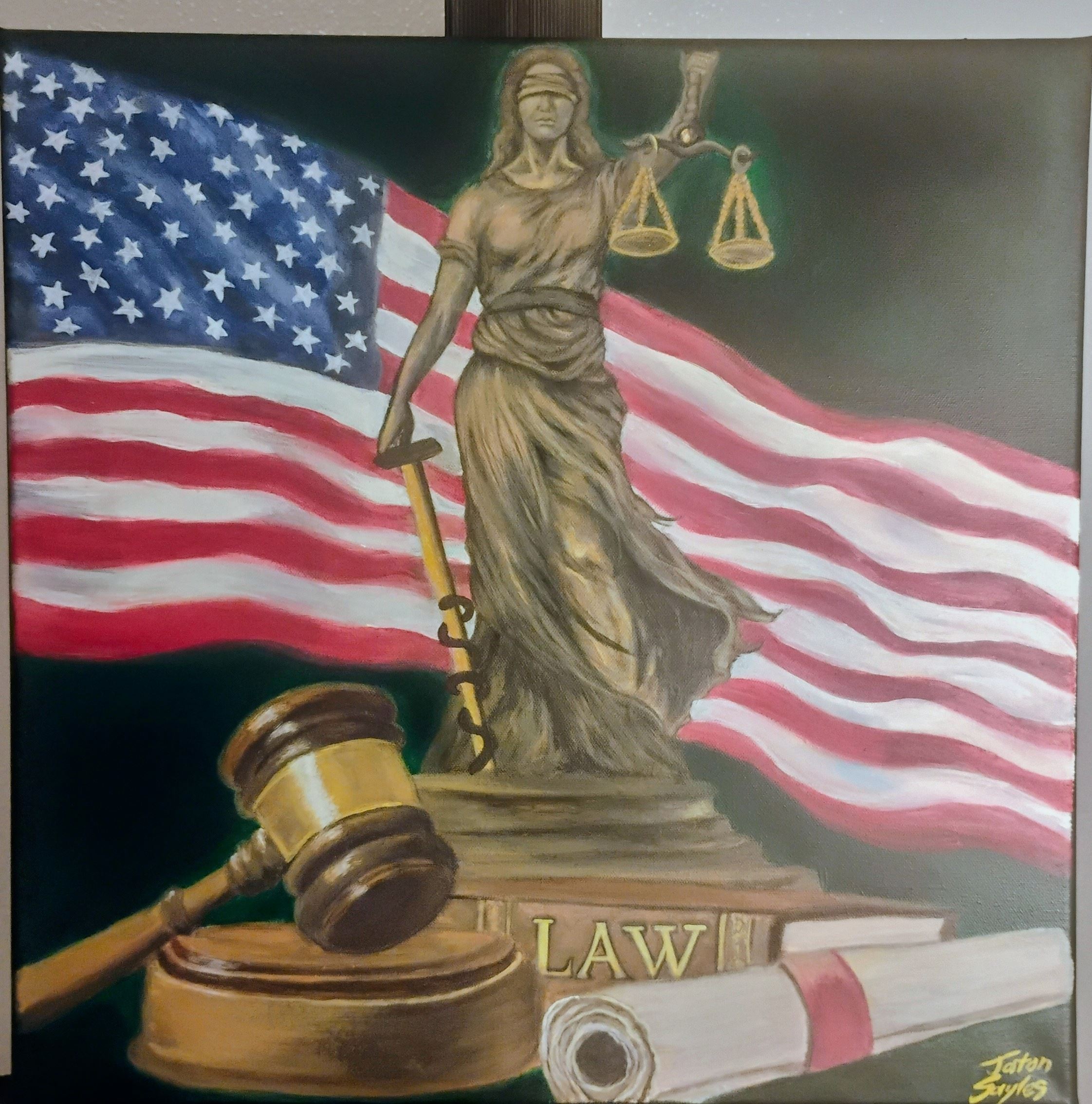 Acrylic painting of Lady Justice standing amidst symbols of the American legal system.