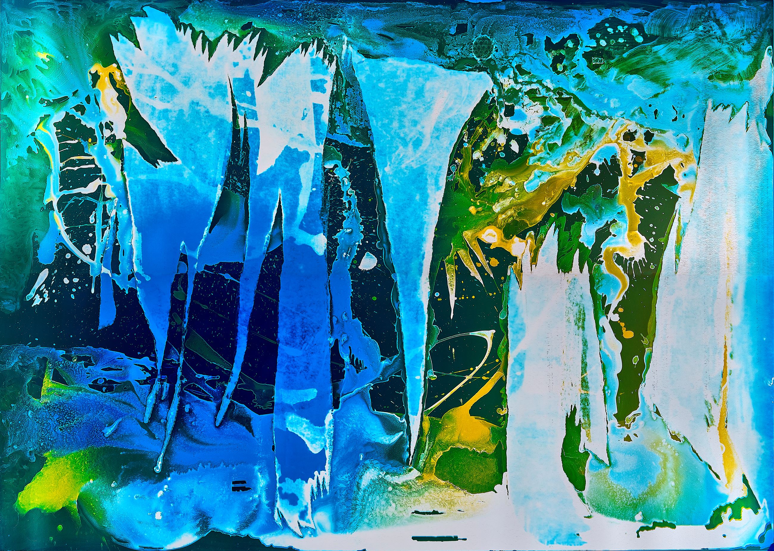 Photogram of a design featuring jagged and curved lines in different colors and shades.