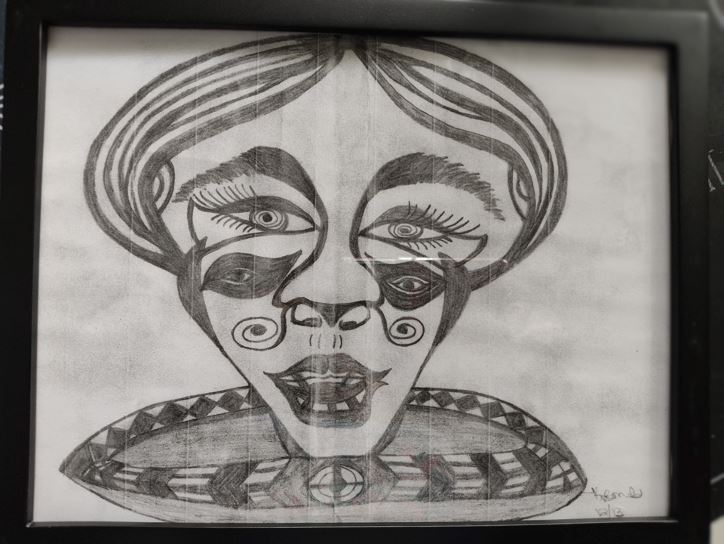 Pencil drawing of a woman with duplicating and overlapping facial features.