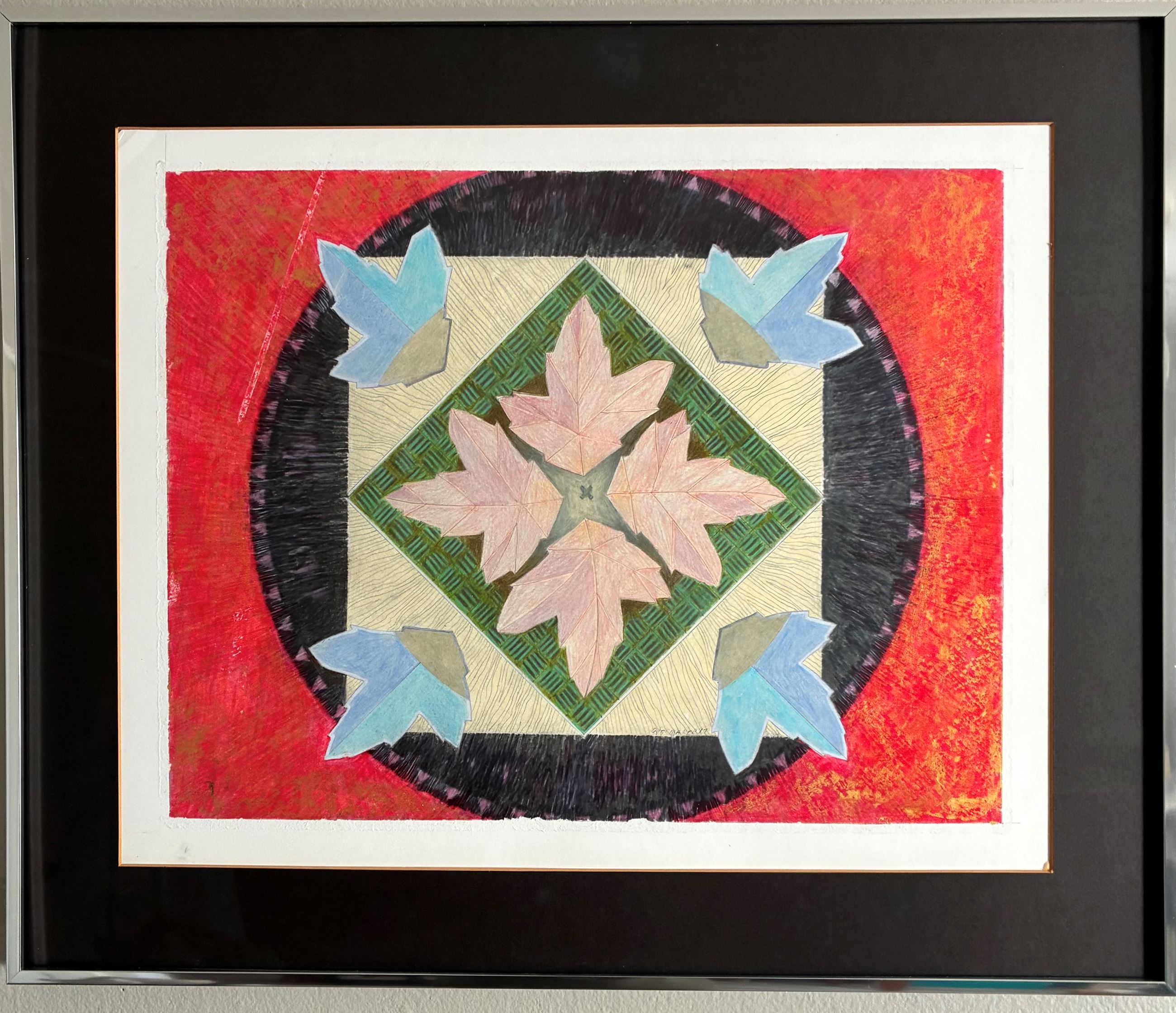 Mixed media image of a leaves surrounding a series of shapes.