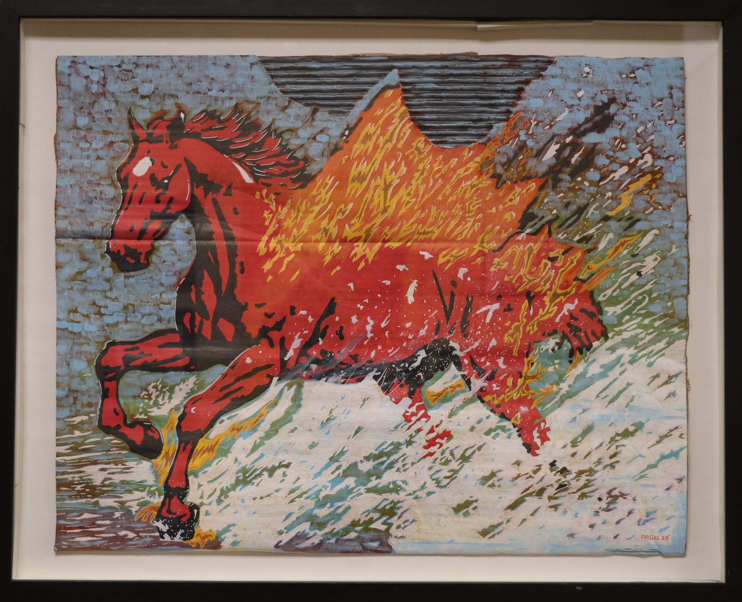 Acrylic painting of a horse on fire.